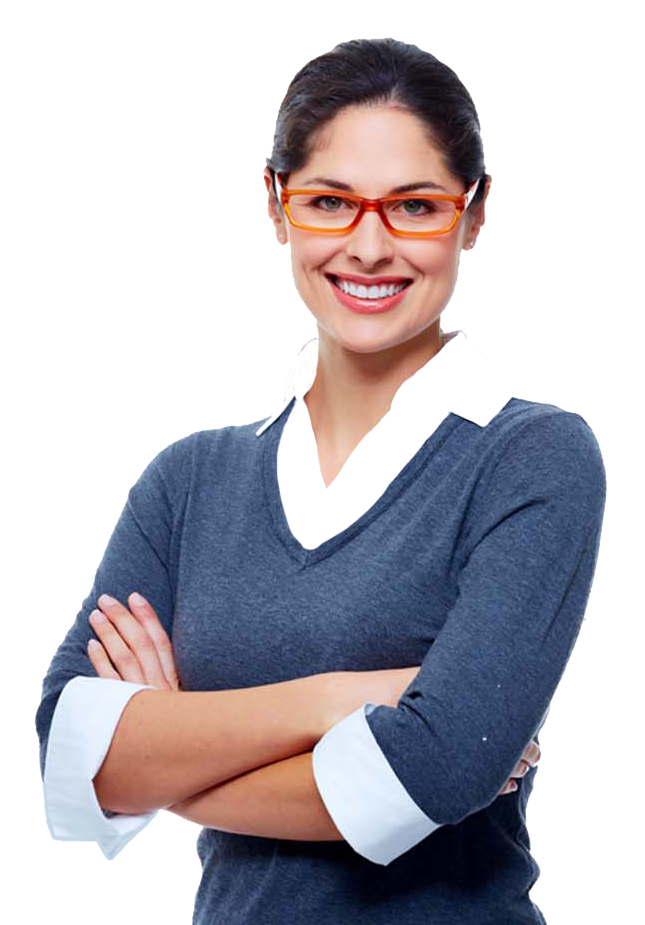 Smiling female professional with folded arms wearing glasses and business casual attire